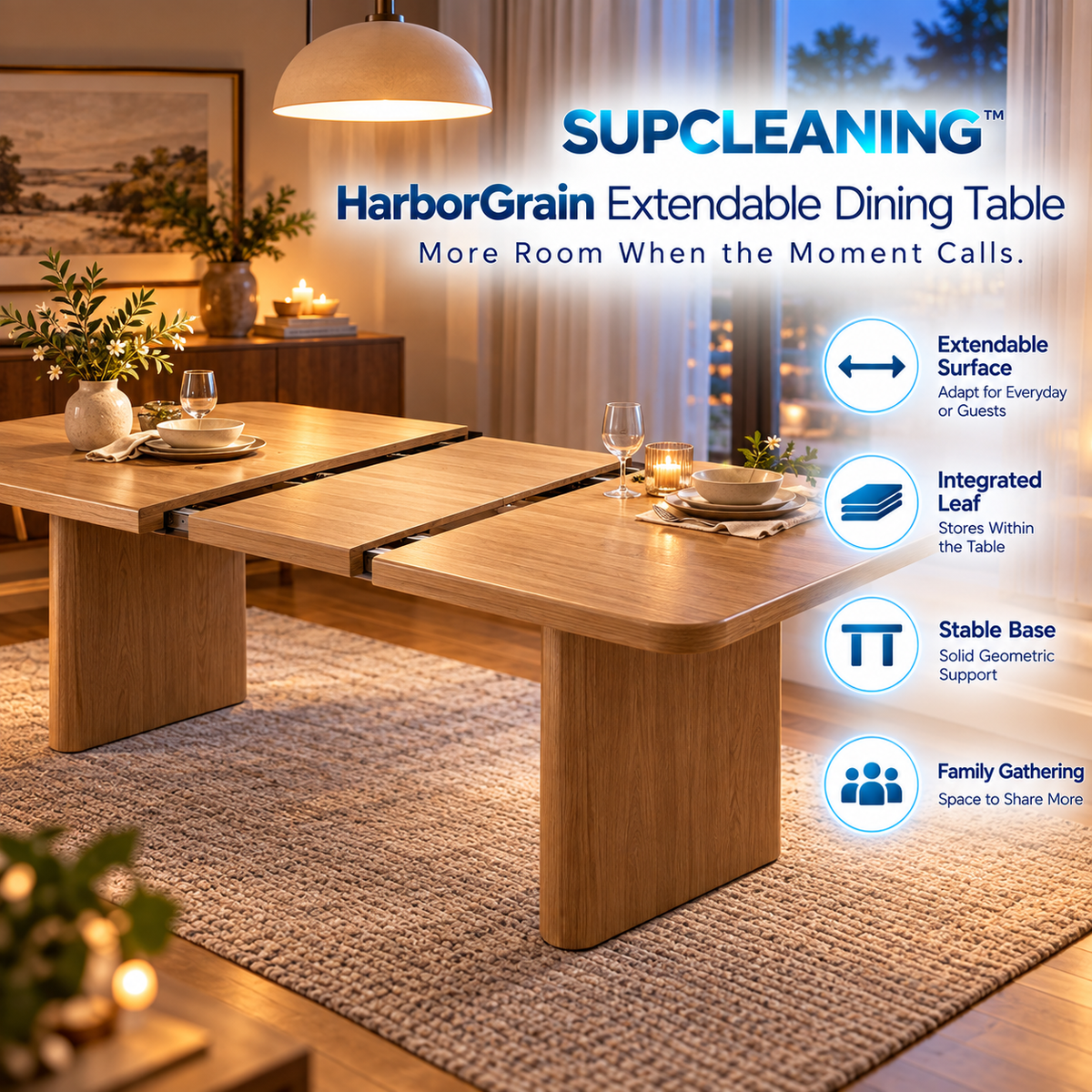 SUPCLEANING™ HarborGrain Extendable Dining Table
