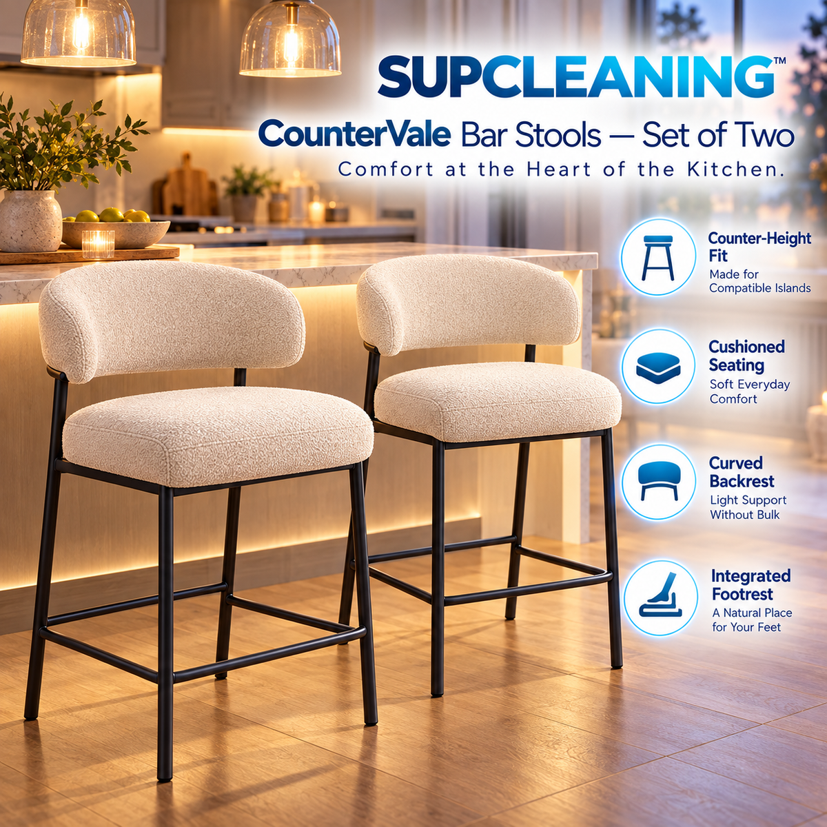 SUPCLEANING™ CounterVale Upholstered Bar Stools — Set of Two