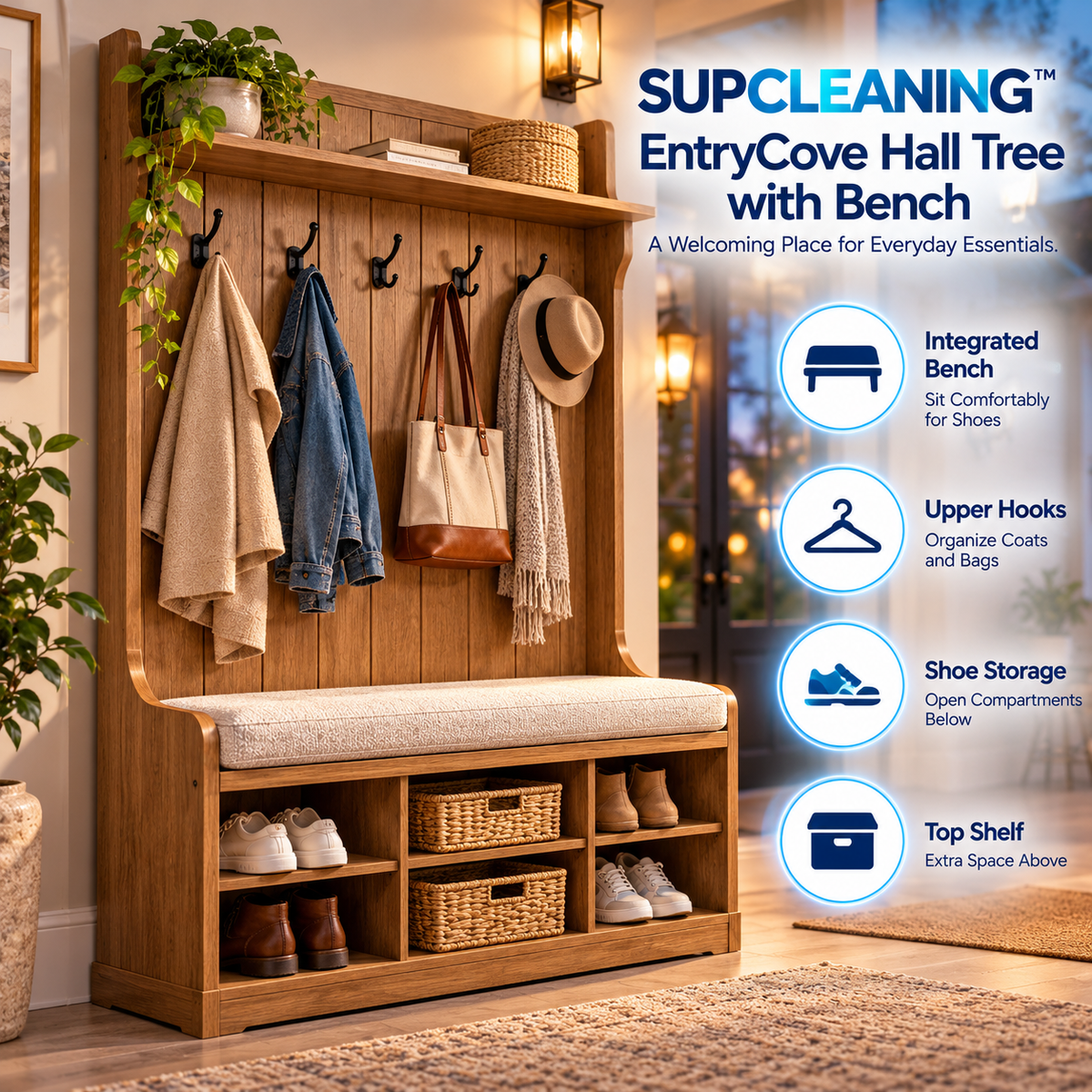SUPCLEANING™ EntryCove Hall Tree with Bench