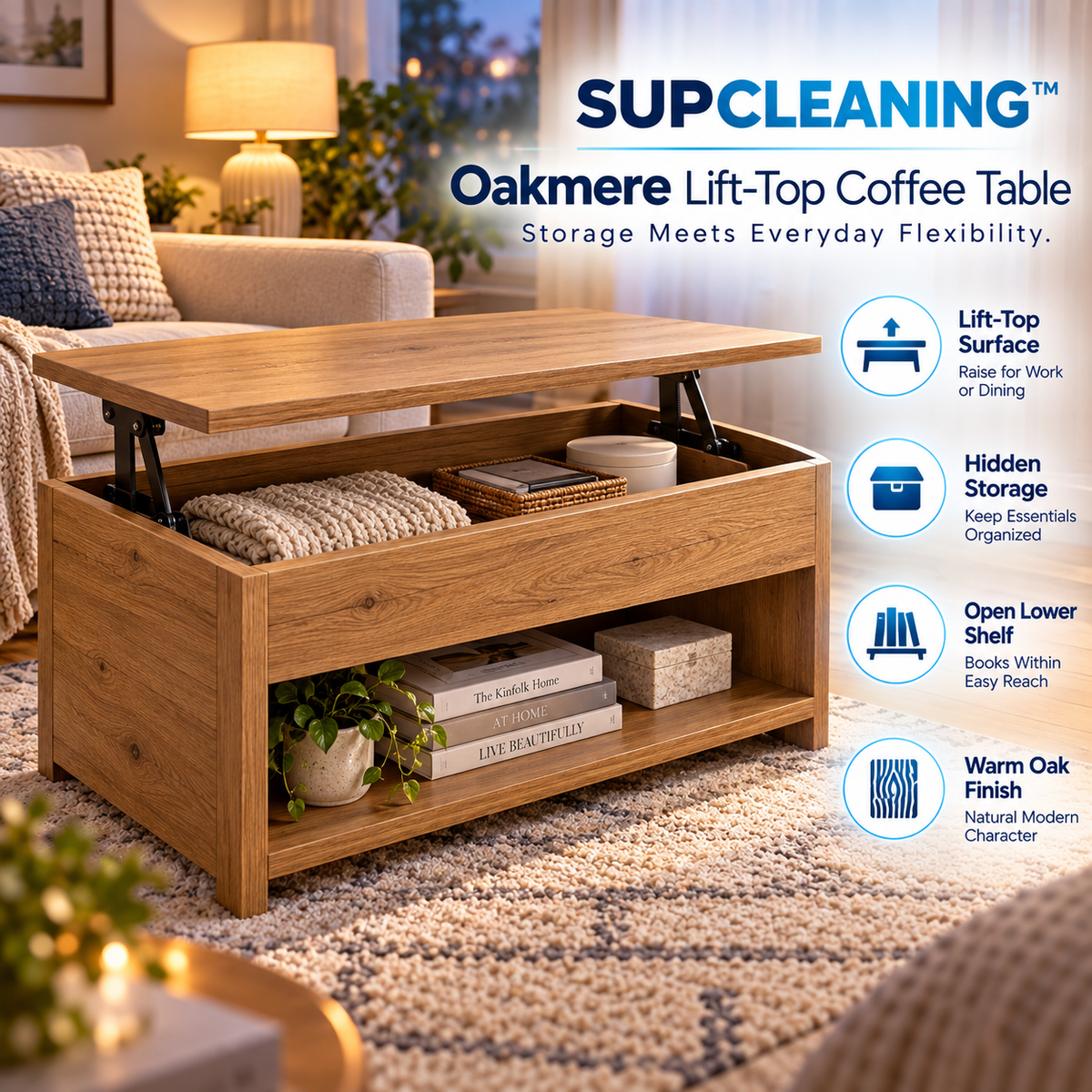 SUPCLEANING™ Oakmere Lift-Top Coffee Table