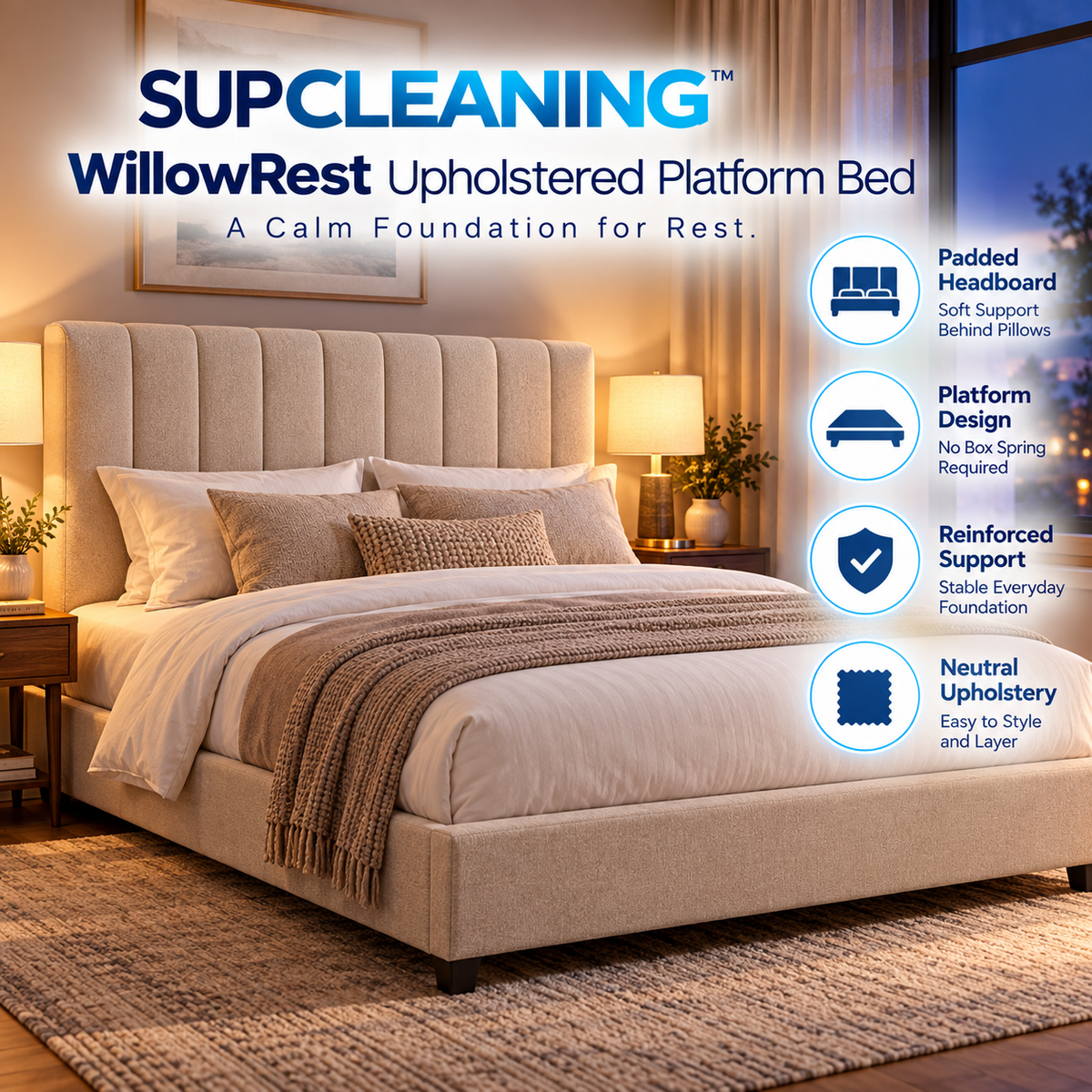 SUPCLEANING™ WillowRest Upholstered Platform Bed