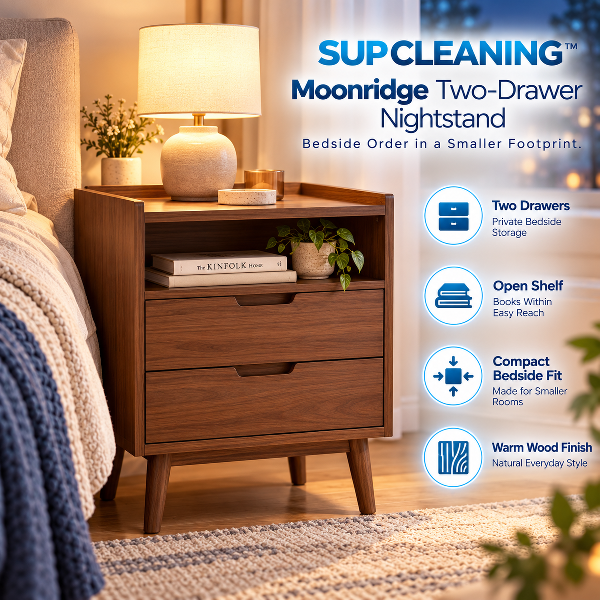 SUPCLEANING™ Moonridge Two-Drawer Nightstand